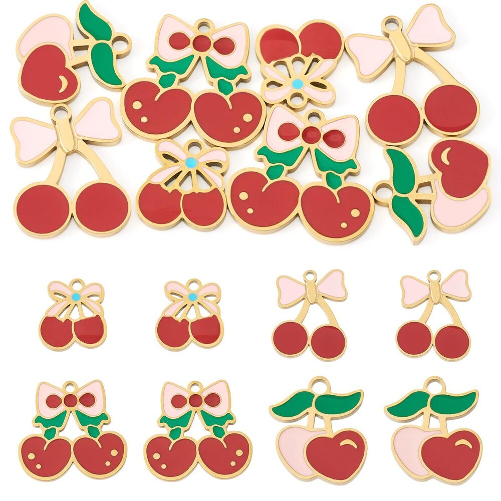 1429 8Pcs Bowkont Cherry Enamel Dangle Charms Stainless Steel Fruit Enamel